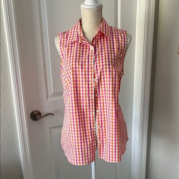 Lands End Sleeveless Pink Orange Supima Cotton Up Shirt NWOT SZ 12 - Picture 1 of 6